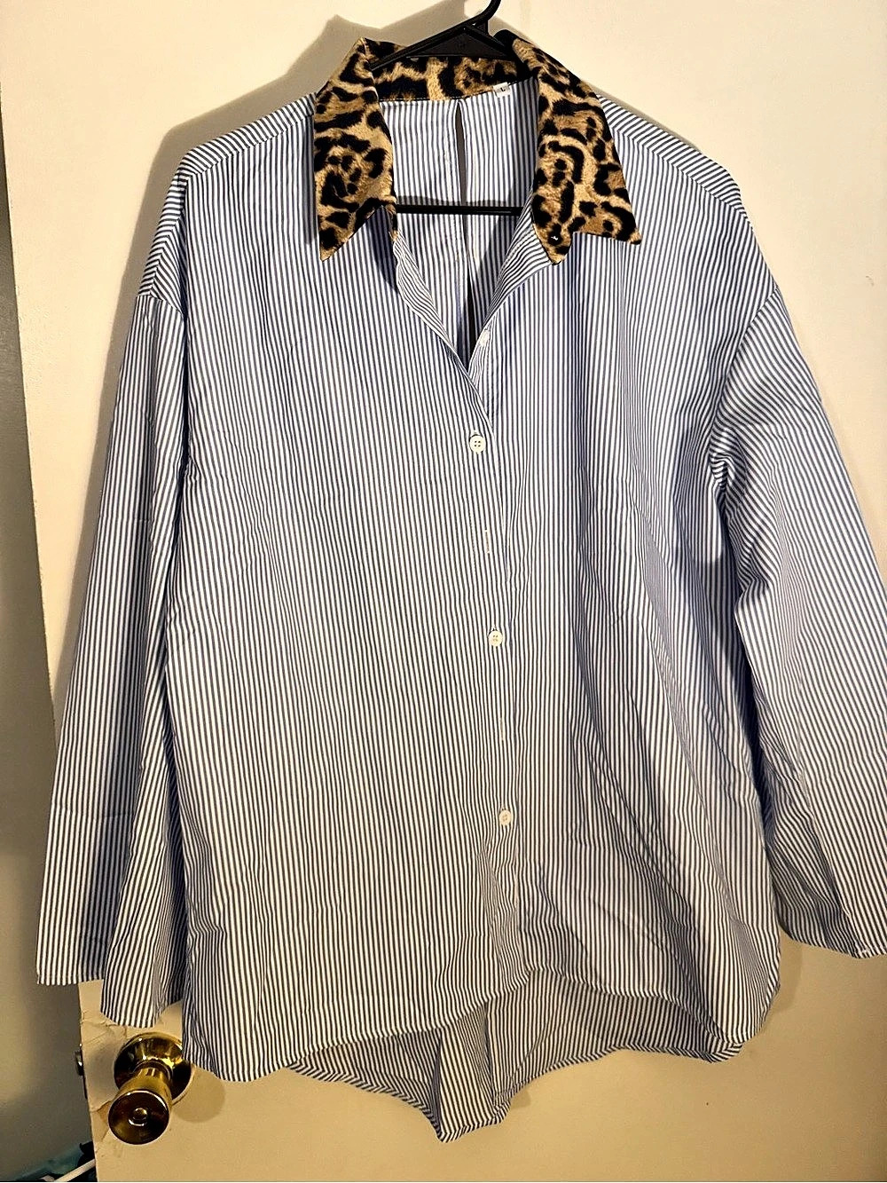 Striped Leopard Collar Button Down Shirt